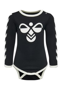 Zwarte langesleeve bodysuit van katoen, met een grote witte vlinderafbeelding op de voorkant en witte accenten op de manchetten en kraag.