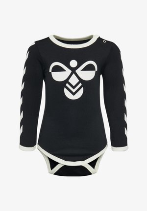 Czarny body z długim rękawem wykonane z bawełny, z dużym białym motylem na przodzie oraz białymi akcentami na mankietach i kołnierzu.