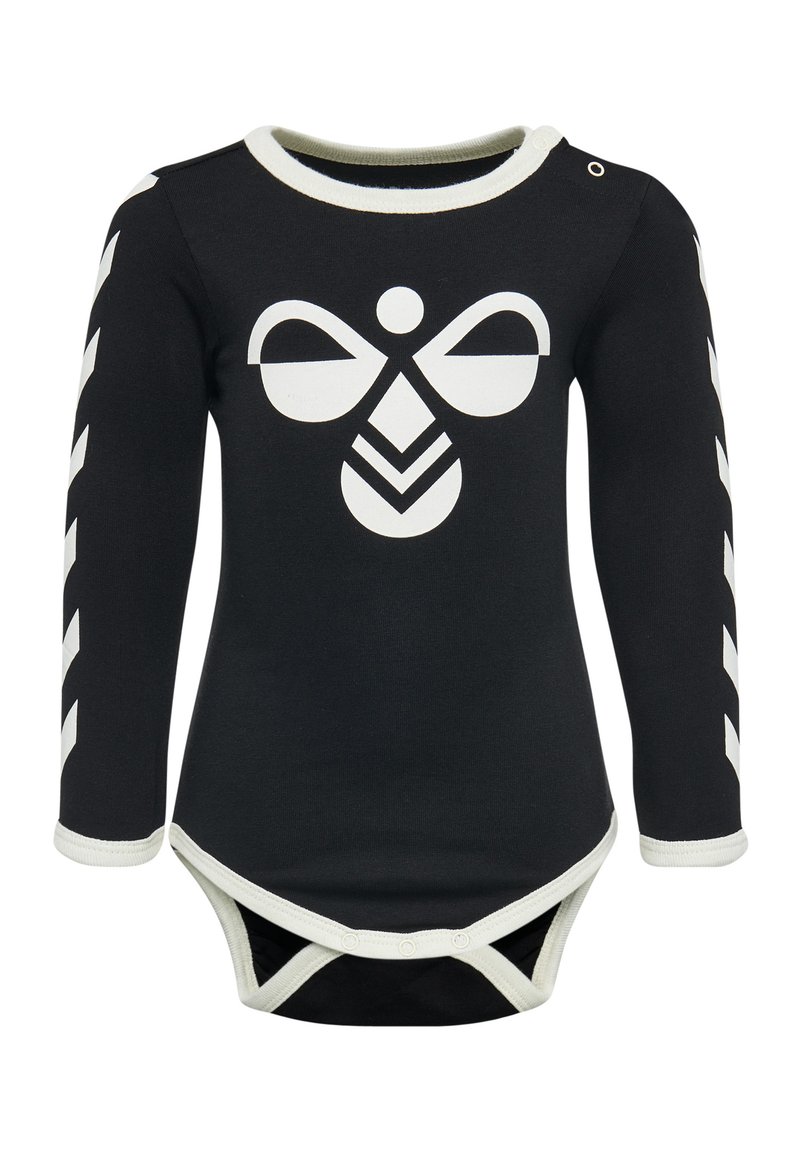 Zwarte langesleeve bodysuit van katoen, met een grote witte vlinderafbeelding op de voorkant en witte accenten op de manchetten en kraag.