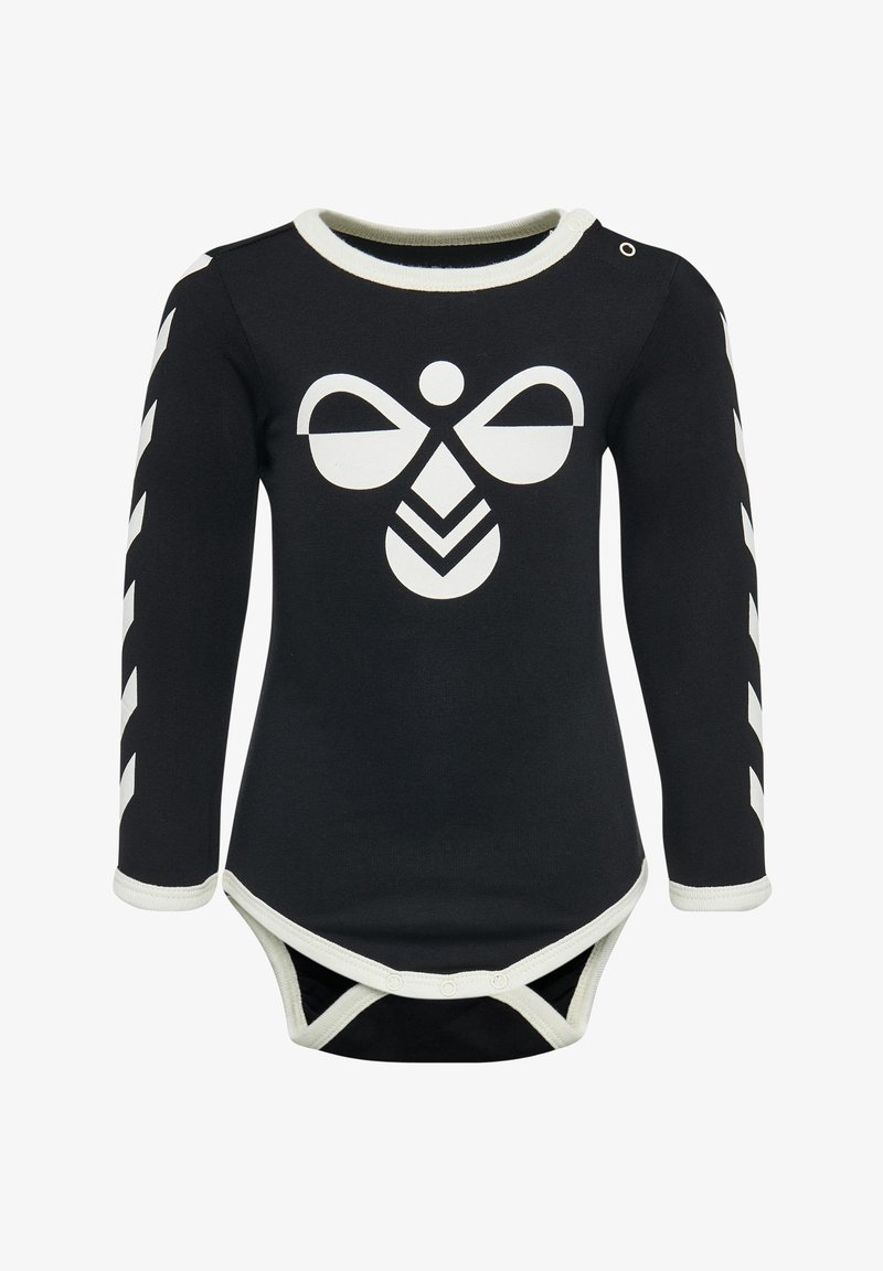 Svart långärmad body av bomull, med en stor vit fjärilsgrafik på framsidan och vita detaljer på muddarna och kragen.