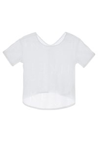 Vit kort topp i ett lätt, genomskinligt tyg med rund halsringning. Mönstrad med ett genomgående mönster av bokstäver. Korta ärmar.