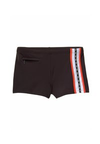 Black swim shorts with a fitted design, featuring red, white, and black stripes along the side and a zippered pocket on the back.