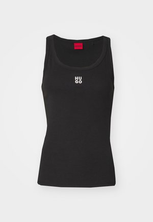 Black tank top made of cotton with a round neckline and no sleeves. Features white "HUGO" logo at the center. Simple and fitted design.