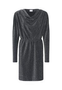 Rochie neagră din glitter cu mâneci lungi, decolteu drapat și talie strânsă, lungime până la genunchi și siluetă ajustată.