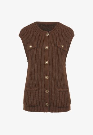 Brauner gestrickter ärmelloser Pullover mit kurzen Ärmeln, der ein strukturiertes Muster, goldfarbene Knöpfe und zwei frontale Taschen aufweist, die seine Funktionalität verbessern.