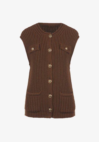 Rudas megztinis be rankovių, turintis tekstūruotą raštą, auksinės spalvos sagas ir dvi priekines kišenes, kurios pagerina jo funkcionalumą.