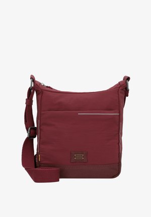 Bolso bandolera burdeos con cierre de cremallera, correa ajustable y bolsillo frontal con una franja reflectante. Hecho de un tejido duradero.