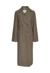 Abrigo de doble botonadura en un patrón de jaquard marrón y beige, con cuello de solapa y mangas largas. Confeccionado en una tela texturizada.