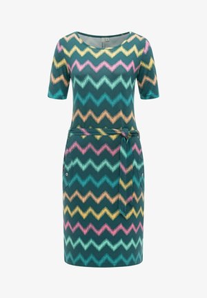 Kniestlanges, türkisfarbenes Kleid mit mehrfarbigem Zickzackmuster, kurzen Ärmeln, rundem Ausschnitt, seitlichen Taschen mit Knöpfen und einem passenden Stoffgürtel.