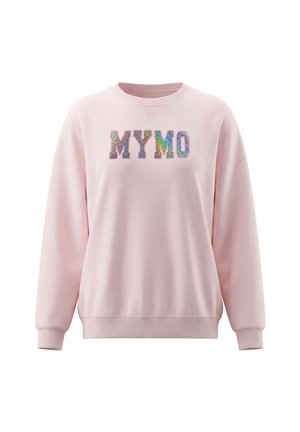 Lyserød sweatshirt med lange ærmer og ribkanter, med farverige glitterbogstaver, der staver MYMO på brystet.