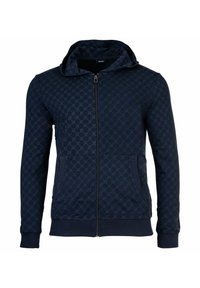 Felpa con zip di colore blu navy, con un delicato motivo geometrico, tasche frontali, polsini a costine e cappuccio.