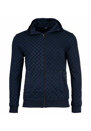 Námořnická modrá mikina na zip s jemným geometrickým vzorem, předními kapsami, žebrovanými manžetami a kapucí.