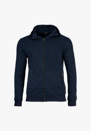 Námořnická modrá mikina na zip s jemným geometrickým vzorem, předními kapsami, žebrovanými manžetami a kapucí.