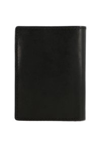 Černá kožená peněženka s hladkou texturou, obdélníkovým tvarem a prošívanými okraji. Má minimalistický design bez viditelného kovového příslušenství nebo vzorů.