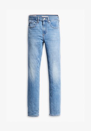Lyseblå denimjeans med rett ben-design, som har fem lommer, knappelukking og subtil falming for tekstur.