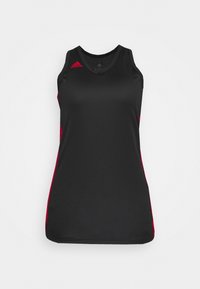 Top deportivo negro sin mangas con acentos rojos a los lados, fabricado con tejido transpirable. Presenta un cuello redondo y un diseño sin mangas para mayor comodidad.