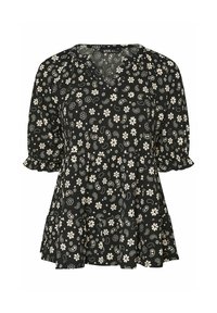 Blusa nera con scollo a V, maniche a sbuffo corte e orlo svasato. Presenta un motivo floreale bianco e paisley su tutta la superficie. Tessuto leggero.