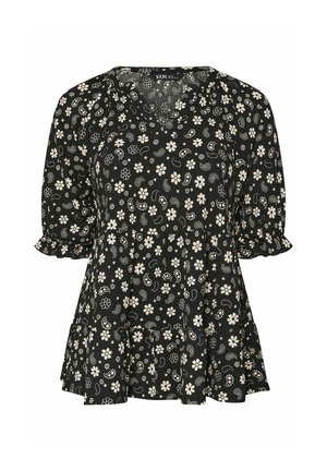 Zwarte blouse met een V-hals, korte pofmouwen en een uitlopende onderkant. Heeft een wit bloem- en paisleypatroon door het hele kledingstuk. Lichtgewicht stof.