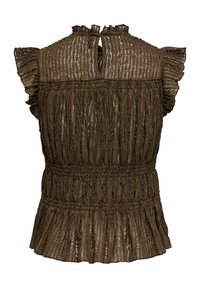 Blouse sans manches en dentelle marron avec manches courtes à volants, taille froncée, bas péplum et encolure en trou de serrure avec fermeture par bouton.
