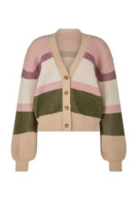 Mehrfarbige, kurz geschnittene Strickjacke mit geripptem Muster in Pink, Weiß, Grün und Beige gestreift. Fünf Knöpfe vorne.