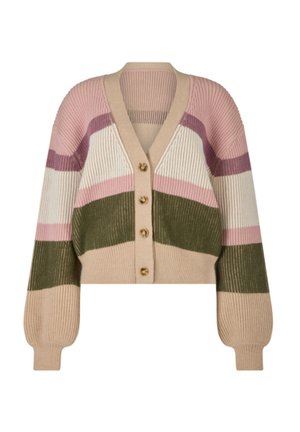 Mehrfarbige, kurz geschnittene Strickjacke mit geripptem Muster in Pink, Weiß, Grün und Beige gestreift. Fünf Knöpfe vorne.
