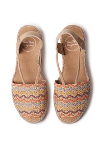 Espadrillas intrecciate con un motivo a zigzag nei colori beige, arancione, giallo e viola. Presentano un interno beige e cinturini regolabili.