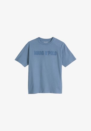 T-shirt bleu à manches courtes avec « "MARC O'POLO" » brodé sur la poitrine et un col rond.