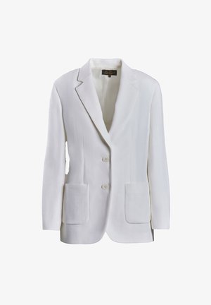 White blazer with a notch lapel, two front pockets, and two buttons. Textured fabric with a structured fit. Smooth interior lining.