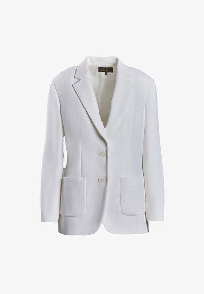 Biały żakiet z klapami, dwoma frontowymi kieszeniami i dwiema guzikami. Teksturowana tkanina o dopasowanym kroju. Gładka podszewka.