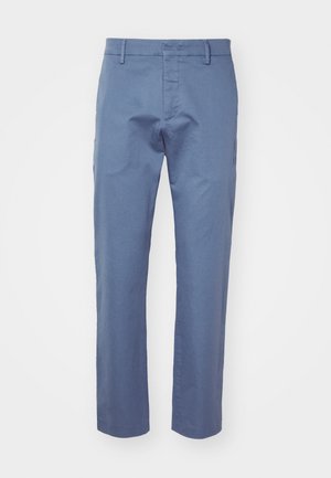 Light blue trousers made of smooth fabric, featuring a straight cut, belt loops, and a zip fly with a button closure. No patterns or accents.