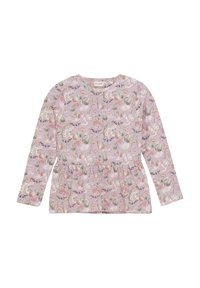 Långärmad topp i ljuslila med ett blommönster som har rosa och gröna accenter. Mjuk tyg med en rynkad nederkant.