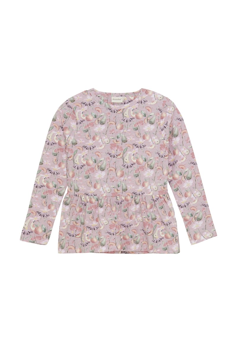 Långärmad topp i ljuslila med ett blommönster som har rosa och gröna accenter. Mjuk tyg med en rynkad nederkant.