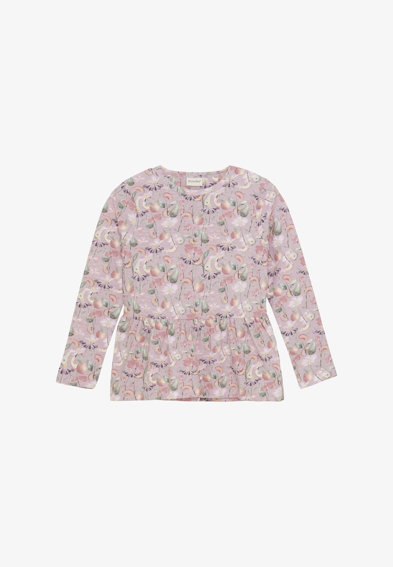 Langärmliges Oberteil in Helllila mit floralem Muster in Pink- und Grüntönen. Weicher Stoff mit gathered Saum.