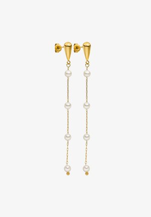 Gouden oorbellen met een tapse studontwerp, voorzien van drie witte parels aan een delicate ketting. Zachte en glanzende textuur.