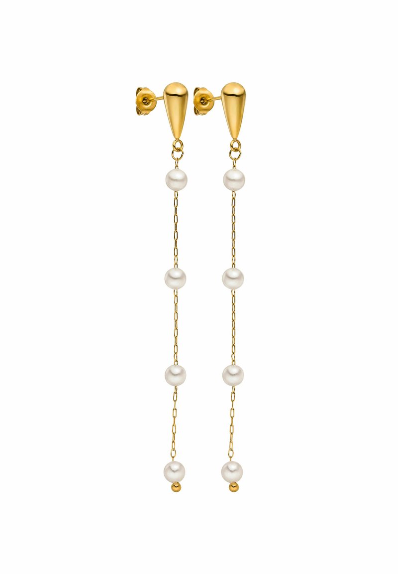 Ohrringe in Goldfarbe mit einem zulaufenden Steckerdesign, ausgestattet mit drei weißen Perlen an einer zarten Kette. Glatte und glänzende Oberfläche.