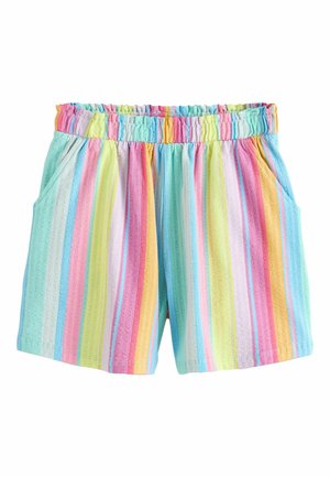 Children’s shorts with vertical pastel stripes in blue, pink, yellow, green, and purple, featuring an elastic waistband and side pockets.