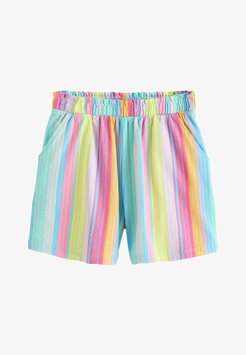 Shorts pour enfants avec des rayures verticales pastel en bleu, rose, jaune, vert et violet, dotés d'une ceinture élastique et de poches latérales.