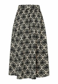 Zwarte en crèmekleurige rok met een bloemenpatroon met gedurfde zwarte silhouetten, geplooid ontwerp en elastische tailleband voor comfort.