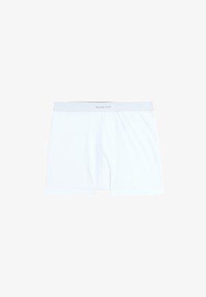 Witte boxershorts voor heren, gemaakt van een zachte stof met een elastische grijze tailleband waarop de merknaam "Massimo Dutti" is gedrukt.