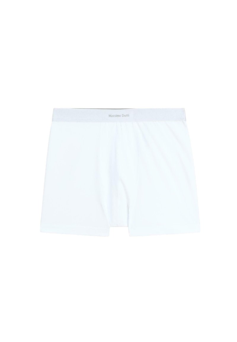 Boxer in cotone bianchi, con una morbida vita elastica grigia recante il logo "Massimo Dutti". Texture liscia, vestibilità standard.