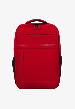 Rode rugzak van een textuurstof, met een bovenhandgreep, twee met rits afgesloten compartimenten en zwarte zijkanten voor extra contrast.