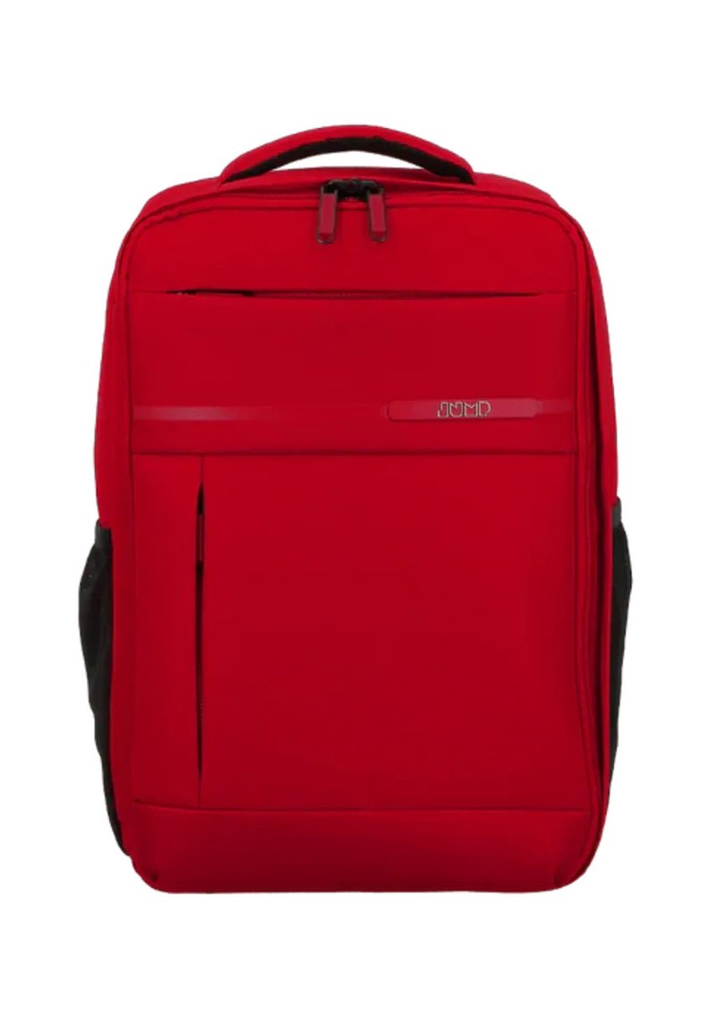 Rode rugzak van een textuurstof, met een bovenhandgreep, twee met rits afgesloten compartimenten en zwarte zijkanten voor extra contrast.