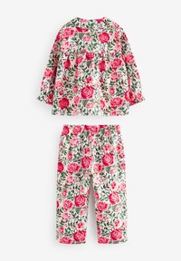 Floral outfit consisting of long-sleeve top and elastic waist pants. Material features pink roses and green leaves on a white background.