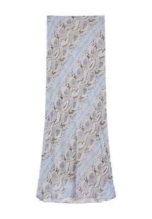 Sciarpa in tessuto azzurro chiaro con un motivo a pelle di serpente in tonalità di grigio e beige, con accenti testurizzati, forma allungata e finitura liscia.