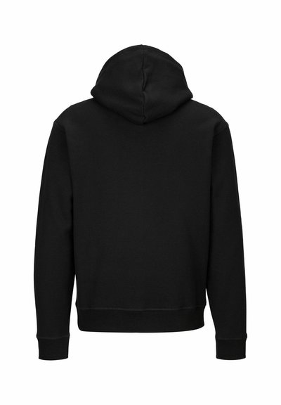 Sweat à capuche noir avec une capuche à cordon de serrage, des manches longues et un ourlet fini. La texture du tissu est lisse et douce. Aucun détail de design sur l'avant n'est visible.