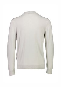 Hellgrauer Pullover mit langen Ärmeln, Rundhalsausschnitt, gerippten Bündchen und Saum. Hergestellt aus weichem Material, mit glatter Textur und minimalistischem Design.