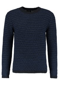 Marineblauer Strickpullover mit strukturiertem Muster, Rundhalsausschnitt und langen Ärmeln. Gerippte Bündchen und Saum sorgen für einen figurschmeichelnden Abschluss.