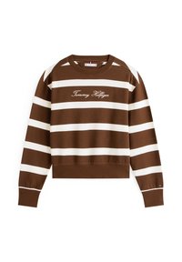 Felpa a strisce marroni e bianche con polsini e orlo a coste, caratterizzata da un ricamo con il testo "Tommy Hilfiger" sulla parte anteriore. Design classico con collo a giro.