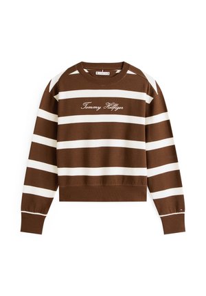 Felpa a strisce marroni e bianche con polsini e orlo a coste, caratterizzata da un ricamo con il testo "Tommy Hilfiger" sulla parte anteriore. Design classico con collo a giro.
