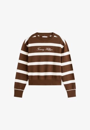 Felpa a strisce marroni e bianche con polsini e orlo a coste, caratterizzata da un ricamo con il testo "Tommy Hilfiger" sulla parte anteriore. Design classico con collo a giro.